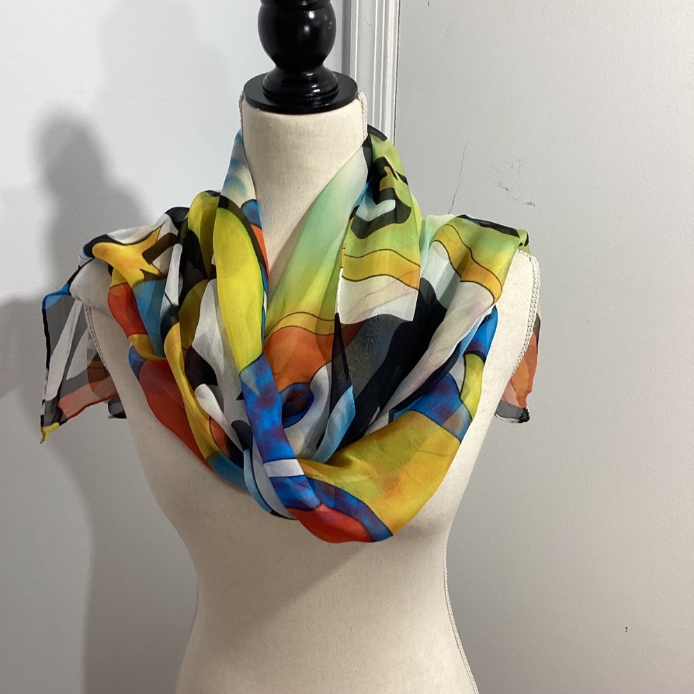 VINTAGE WOMAN ART DECO 100% SILK SCARF CHIFFON WEIGHTLESS WRAP 150"x35" - Picture 8 of 8